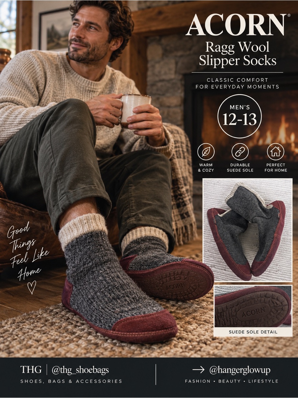 Acorn Original Slipper Socks Ragg Wool Suede Burgundy Men’s 12-13